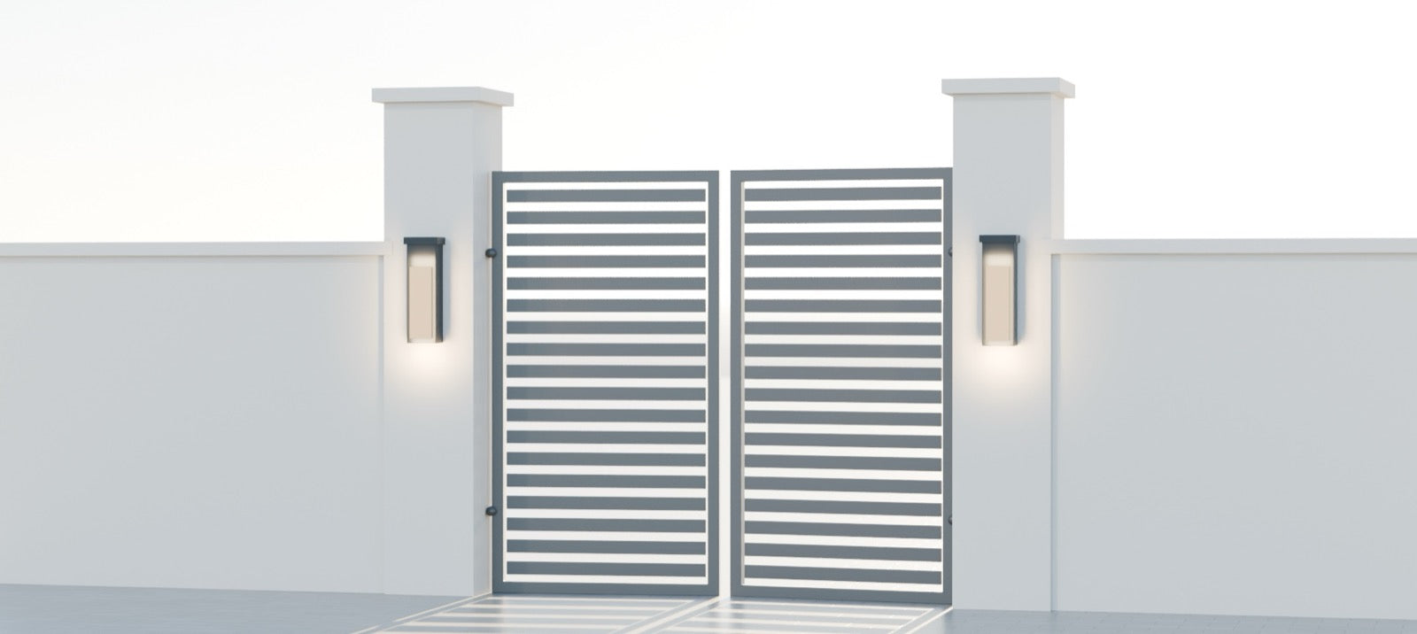 Powder coated aluminium double swing gate at a driveway entrance