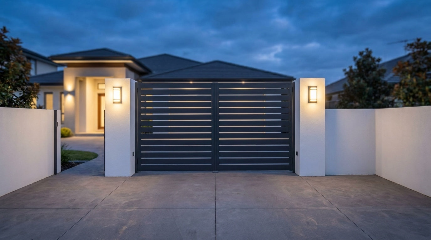 Powder coated aluminium double swing gate at a modern home entrance at dusk